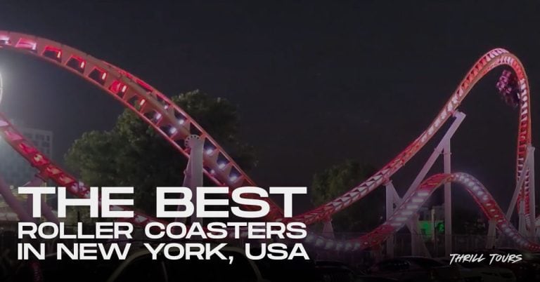 night shot of steel looping coaster in new york, best coasters in new york usa