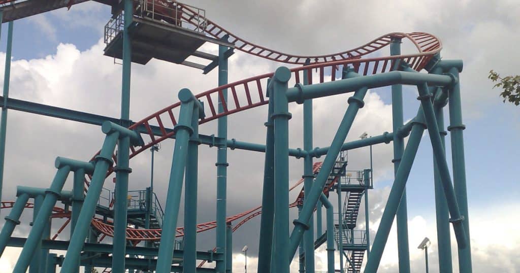 spinnball whizzer, a spinning roller coaster at alton towers passing through a helix